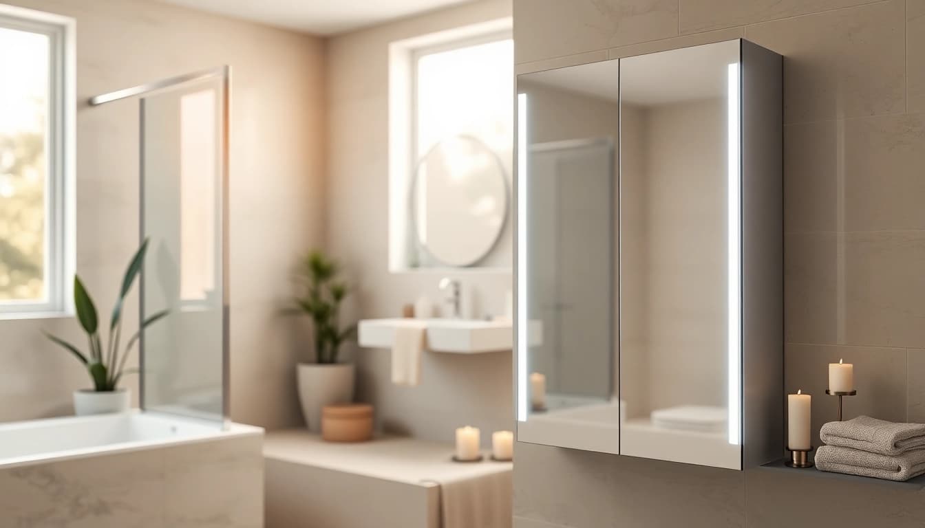 Spiegelschrank mit LED Beleuchtung bietet elegantes Design und Funktionalität im Badezimmer.
