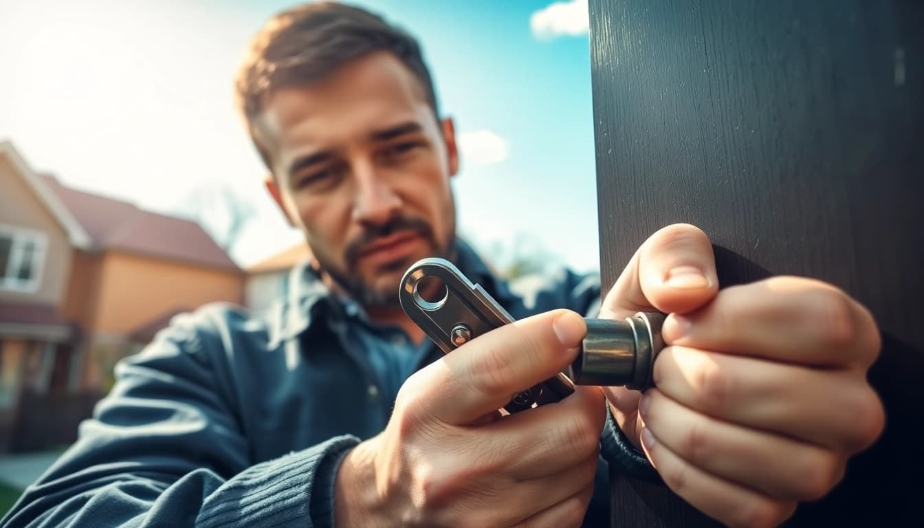 Durham locksmith expertly fixing a secure door lock with professional tools and skills.