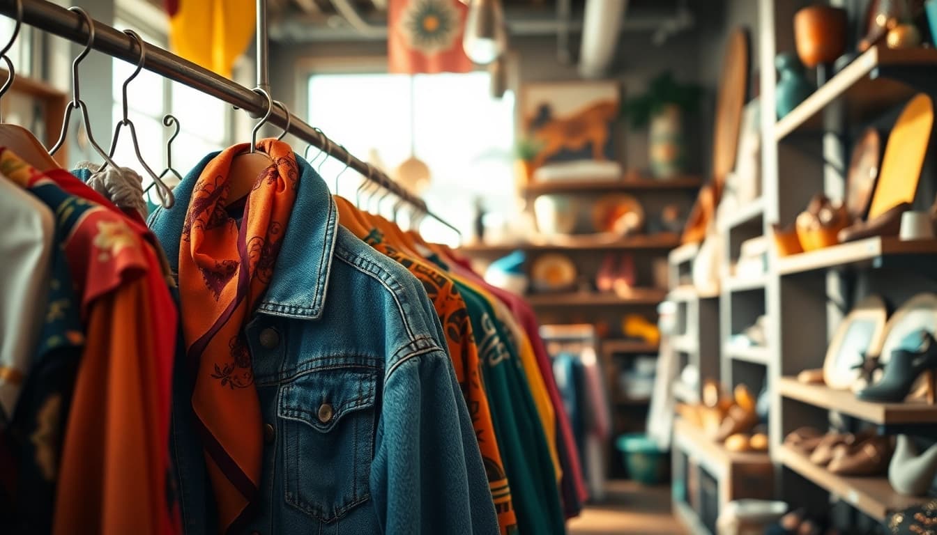 Shop stylish vintage clothing at https://thrift-vintage.com, showcasing a cozy thrift store filled with colorful retro treasures.