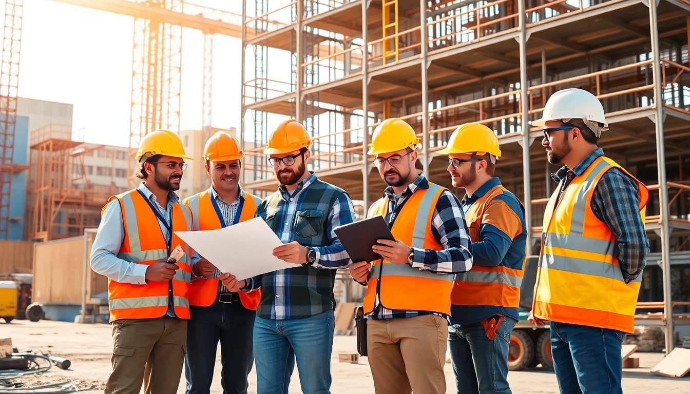 Workers engaged in diverse tasks to promote careers in construction on a vibrant job site.