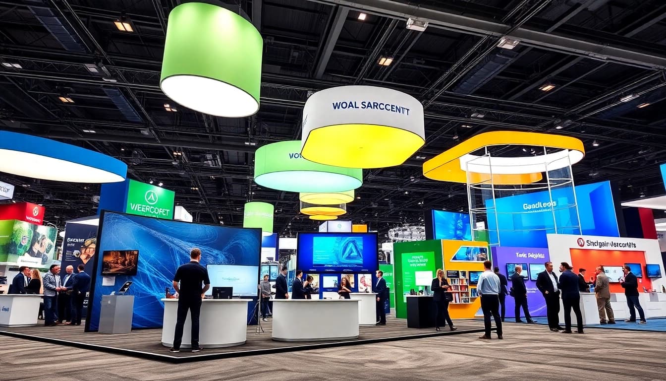 Innovative trade show displays prominently featured at a vibrant event, capturing attention with modern designs.