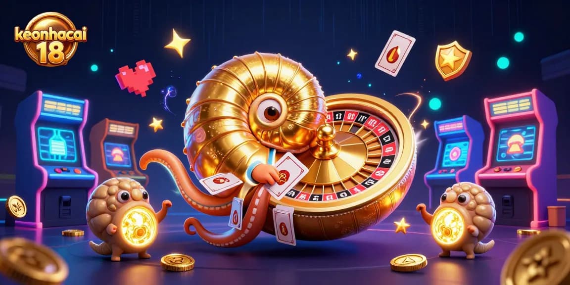 Engage with keonhacai 18's casino experience featuring a giant nautilus roulette and vibrant game elements.