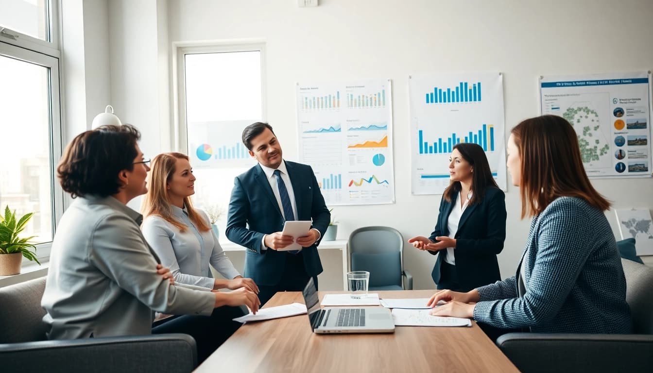 Real Estate agents collaborating effectively in a bright modern office environment.