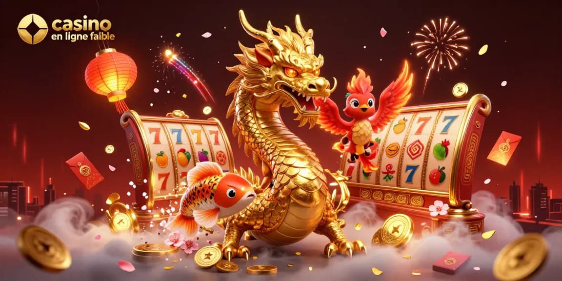 Illustration dynamique sur le thème casino en ligne fiable avec un dragon, un phoenix et un poisson chanceux parmi des éléments de jeu.