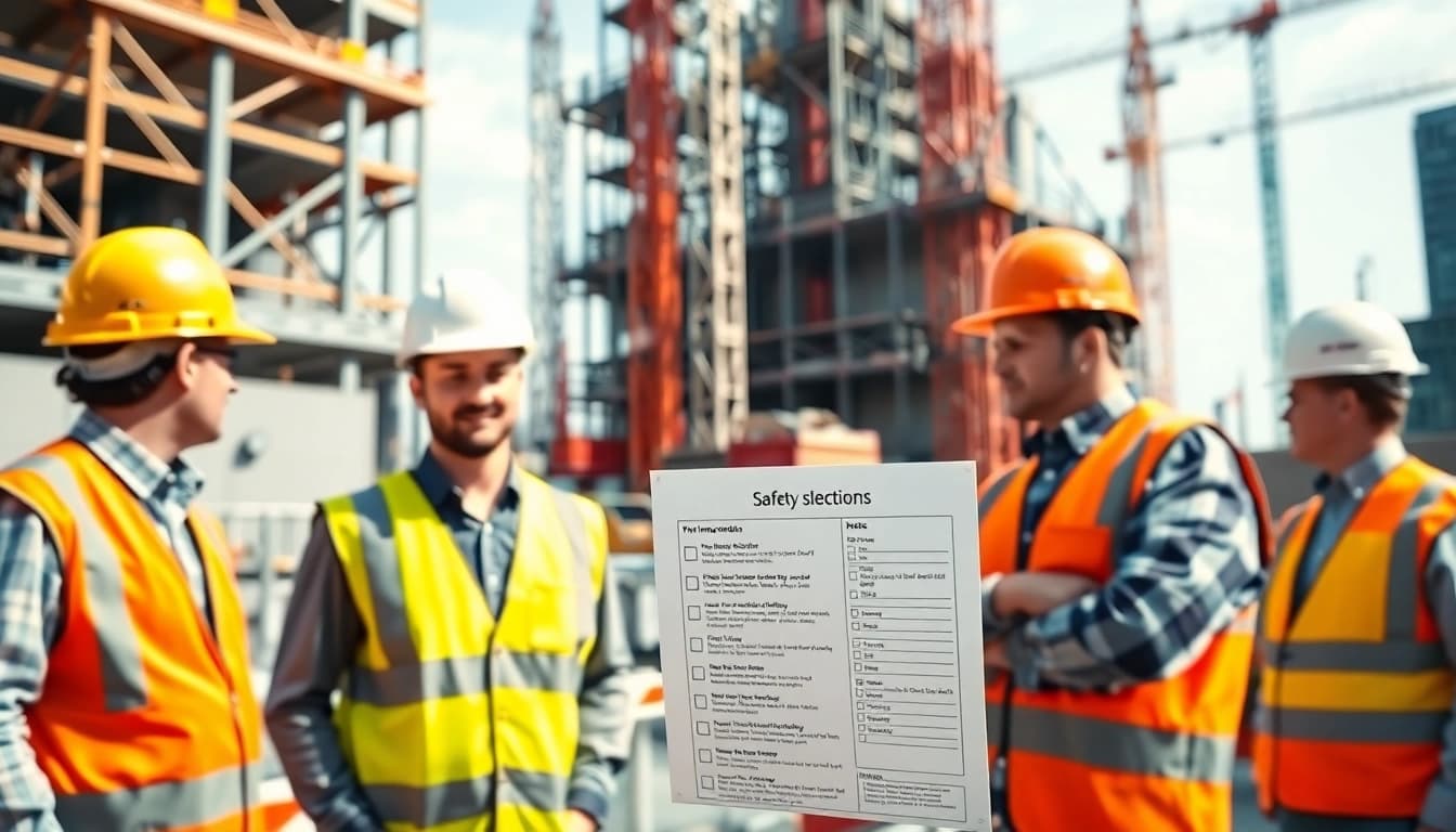 Ensure construction site safety with workers checking procedures in an urban setting.