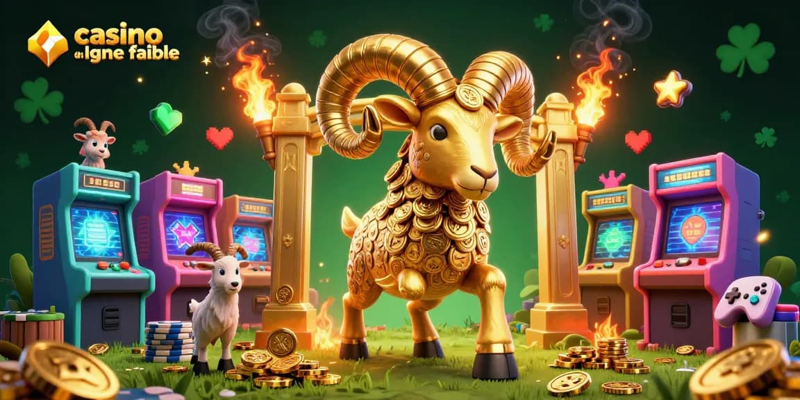 Illustration d'un ram doré chargement à la porte du casino en ligne fiable, entouré d'appareils de jeux lumineux.
