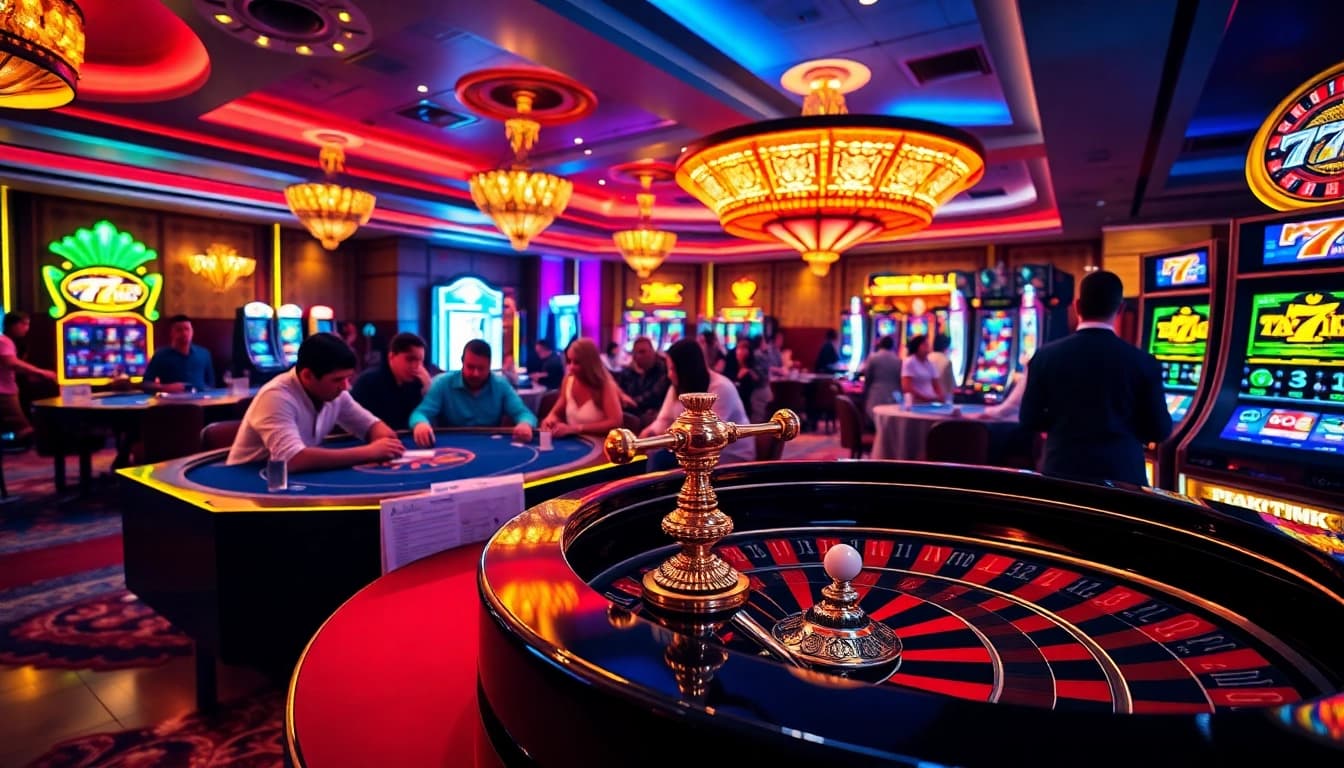 79king casino experience with players at a poker table amidst vibrant slot machines.