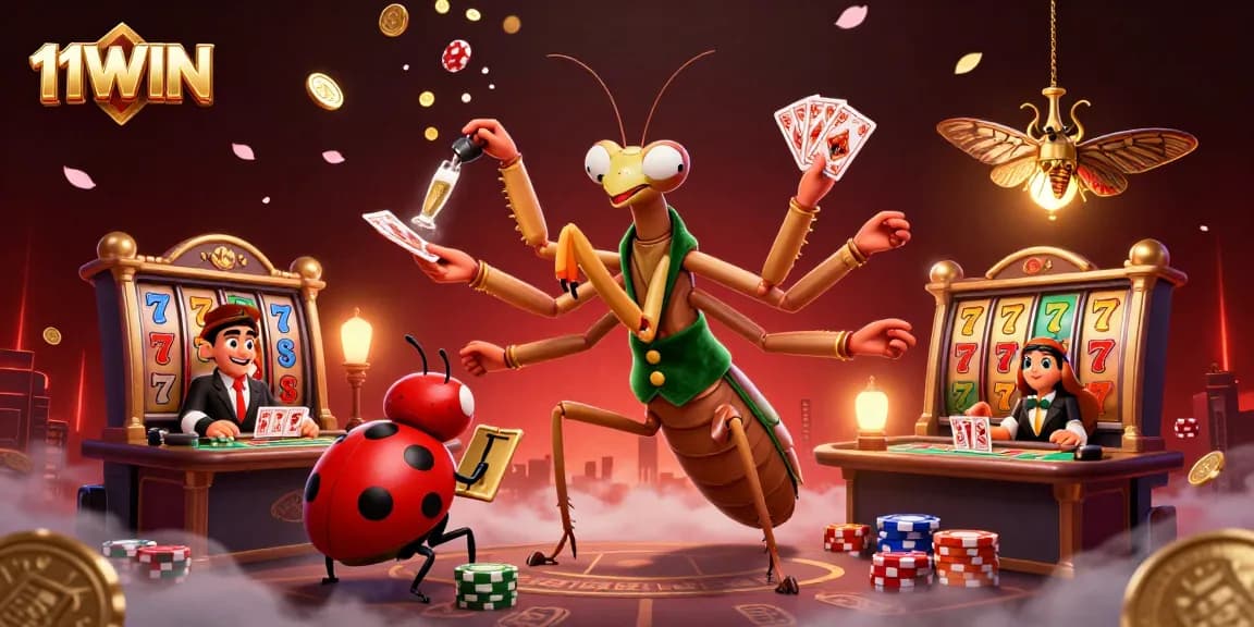 Experience the lively action of 11WIN with vibrant slot games and dynamic characters in this engaging illustration.