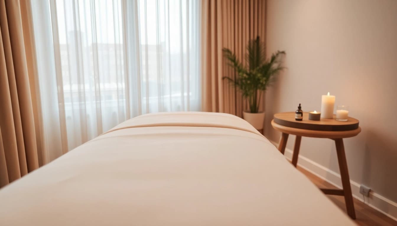 Relaxing home massage space for 출장마사지 with calming ambiance and essential oils.