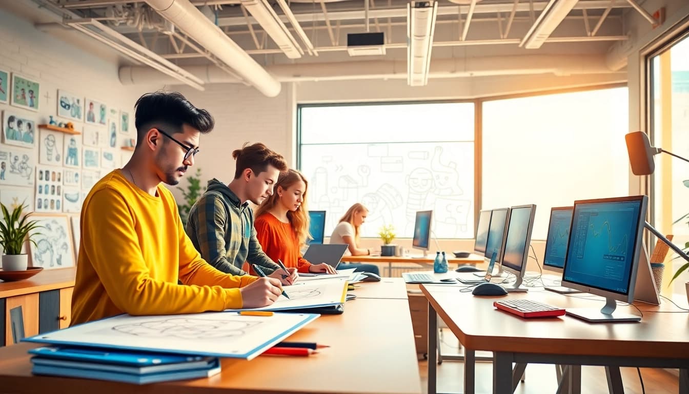 Animationsagentur bei der Arbeit an lebhaften, kreativen Illustrationen.