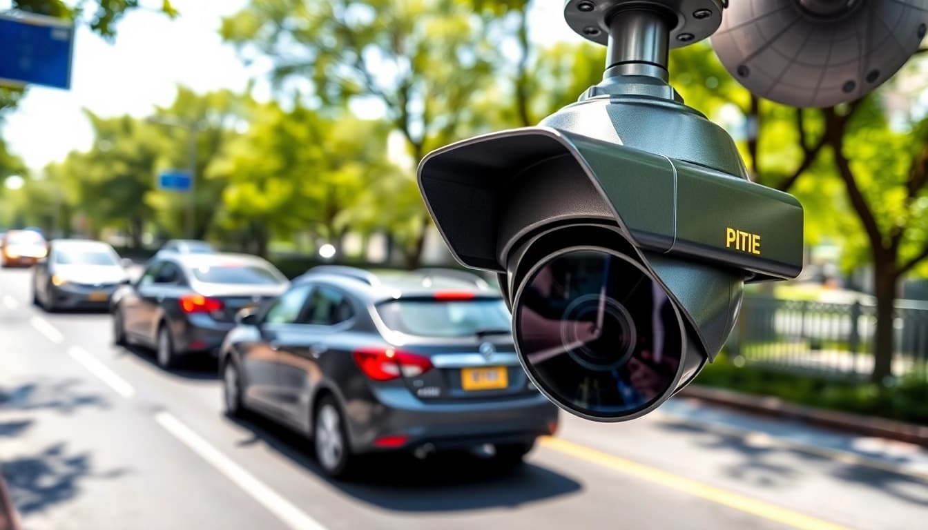Capture a license plate recognition camera observing vehicles in an urban space.