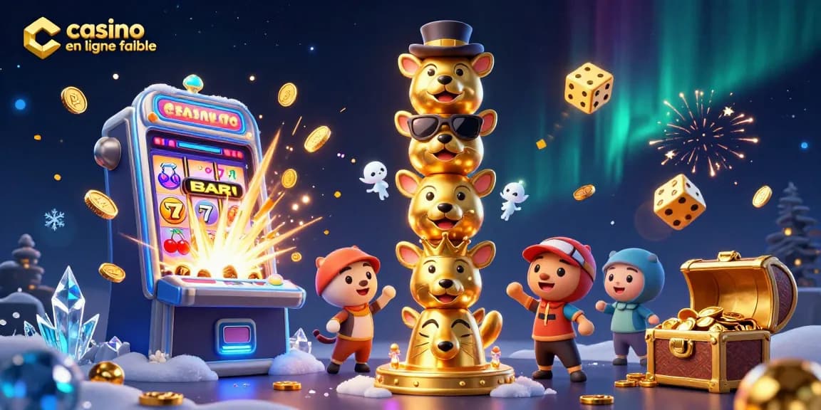 Jouer au casino en ligne fiable avec des machines à sous et un totem en or vibrant, entouré d'éclats de lumière.