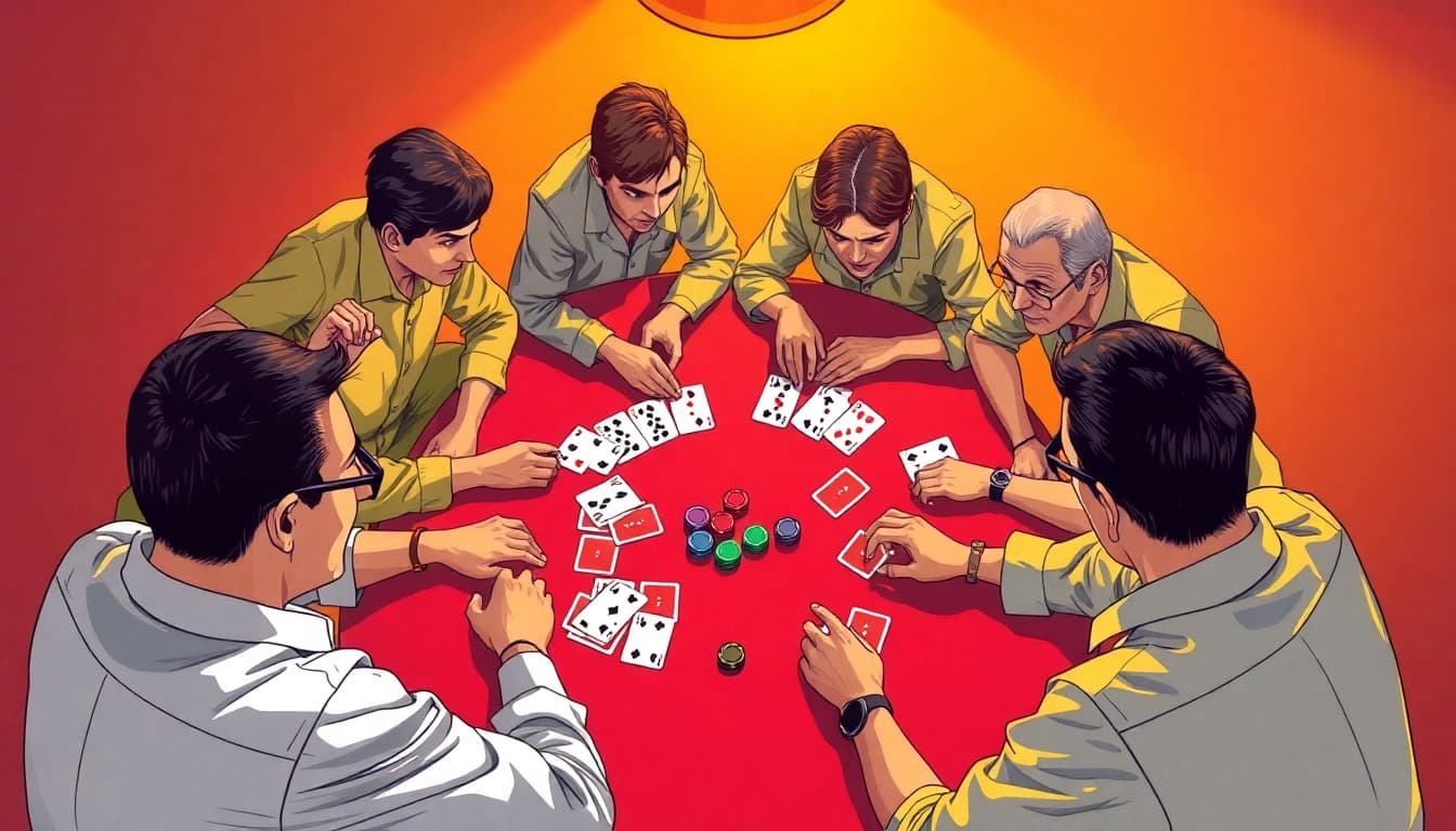 Rummy nabob players strategizing intensely during a vibrant card game session.