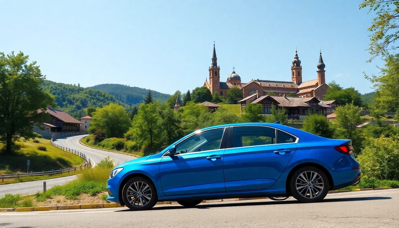 Inchiriere masini in a picturesque setting with a blue rental car parked in Chisinau, Moldova.