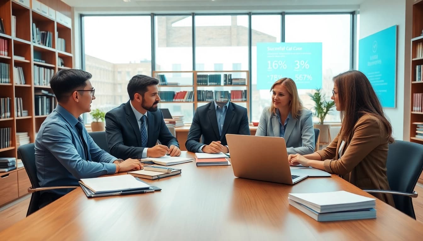 Legal Recoveries professionals collaborating in a bright office atmosphere with documents.