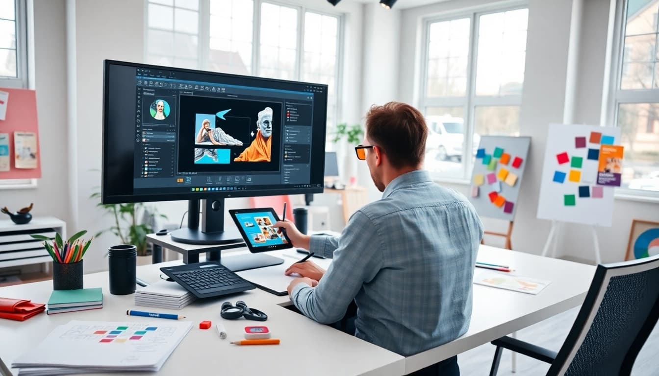 Showcasing a creative workspace at https://www.fire85.com with a designer at work amidst colorful design tools.