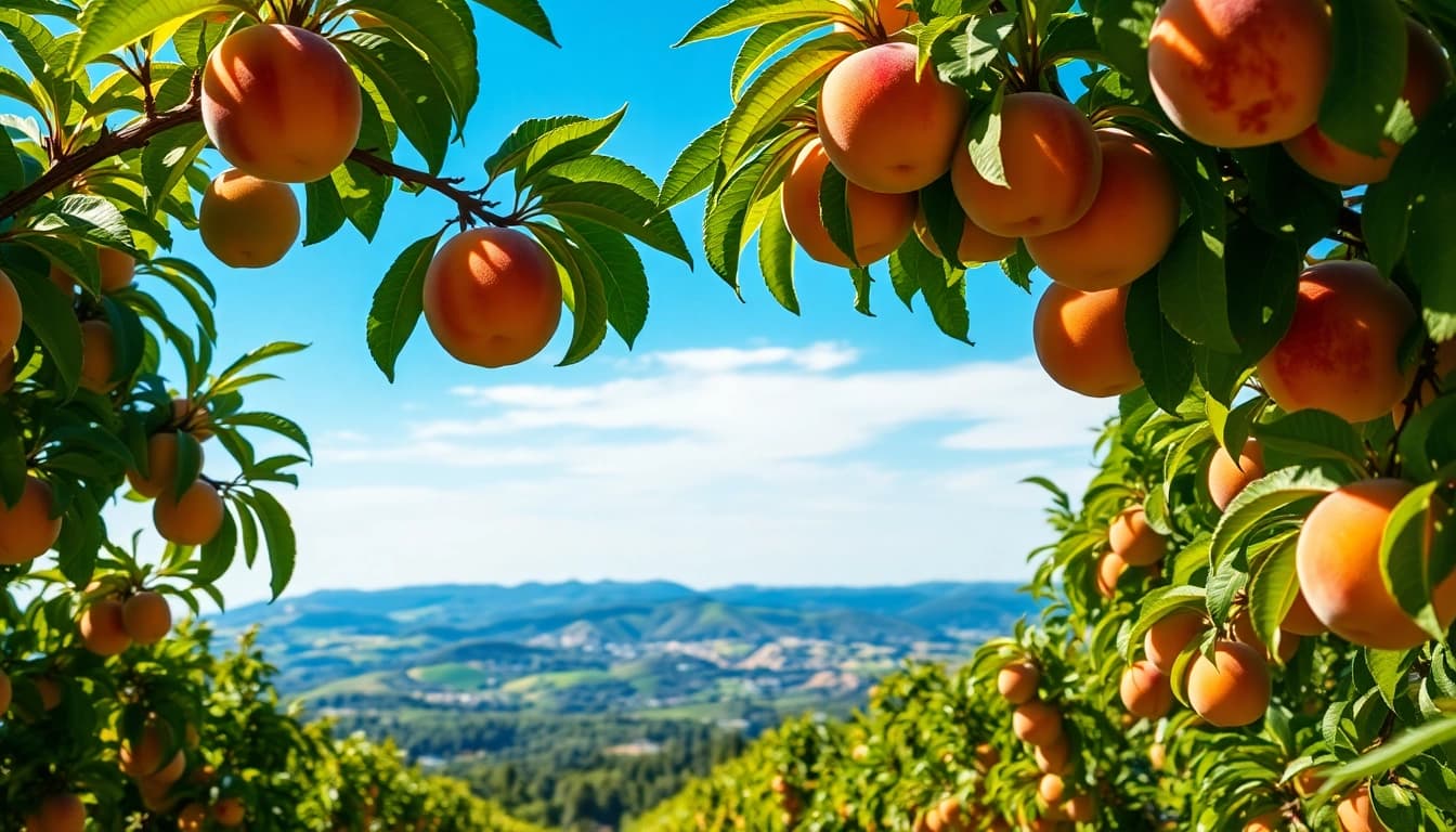 The Georgia Sun features fresh peaches in lush orchards under a blue sky.