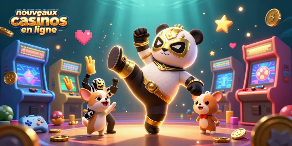 Image d'illustration des nouveaux casinos en ligne avec un panda catcheur et un chihuahua arbitre dans un cadre animé.