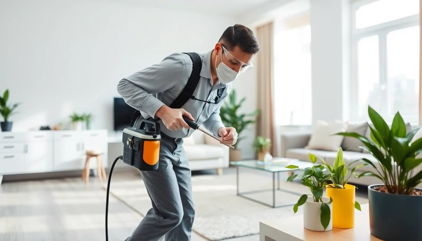 Residential exterminator service showcasing a professional in a clean home environment, using eco-friendly methods.