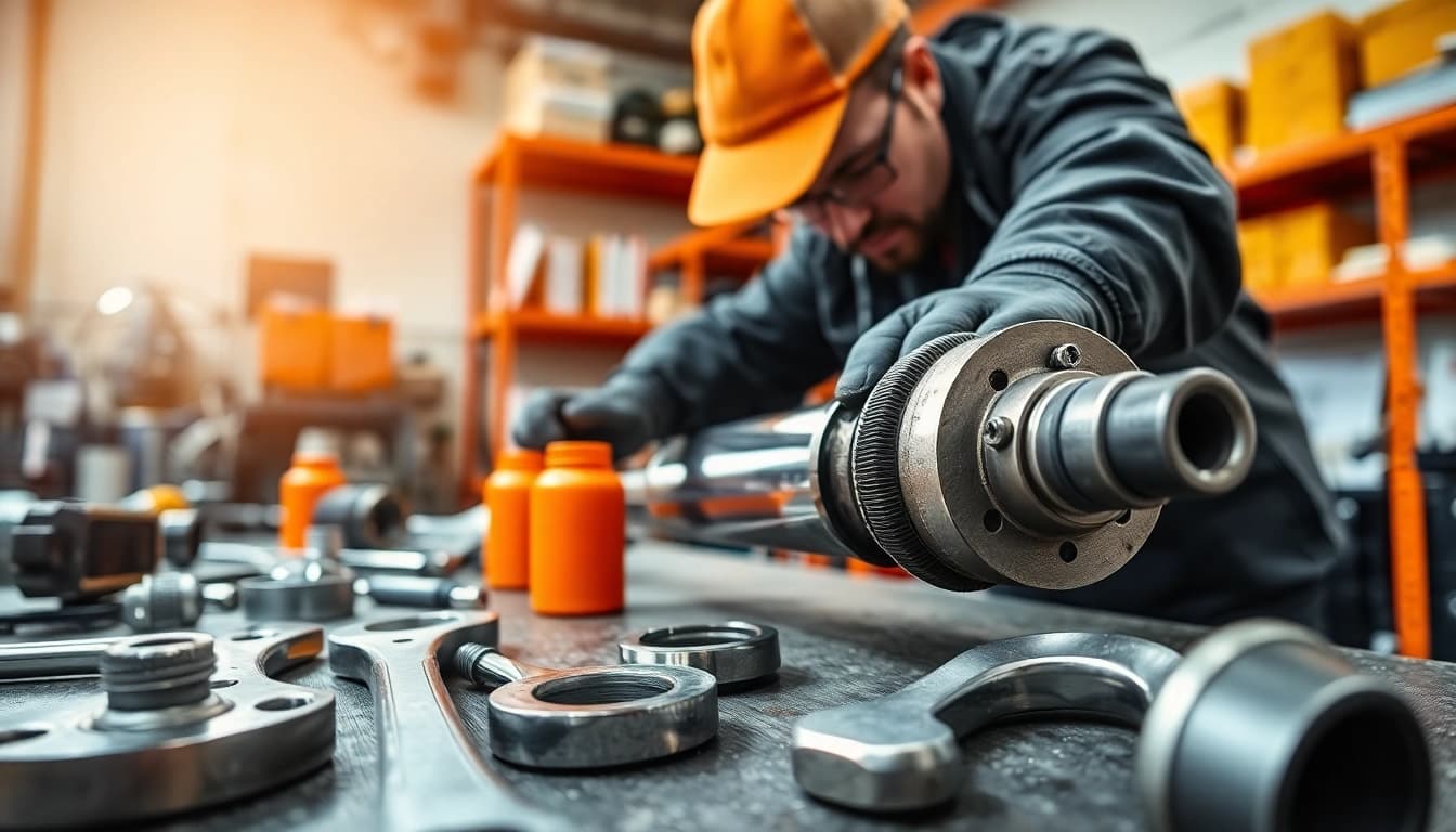 Expertly performing hydraulic repair services on machinery components in a professional workshop.