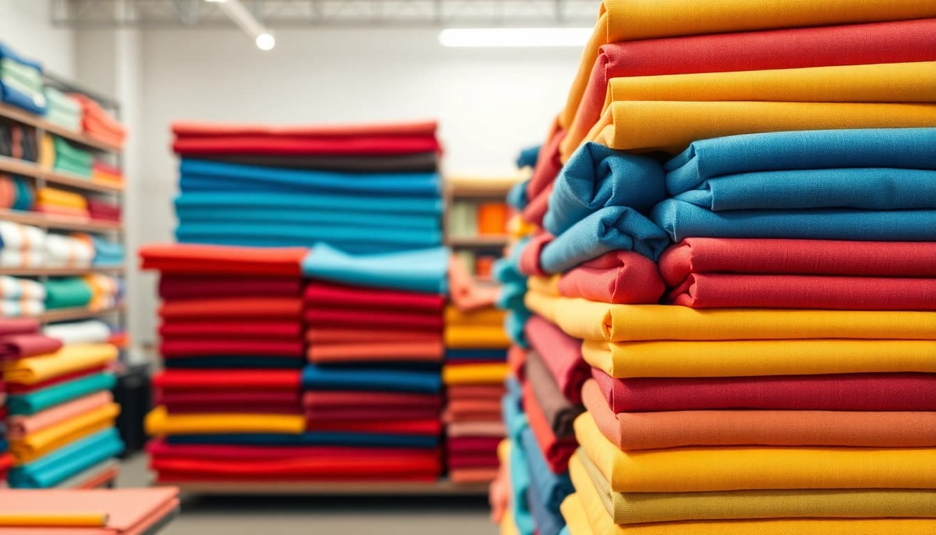 Kopen van goedkope katoen in een stoffenwinkel met diverse kleuren en patronen.