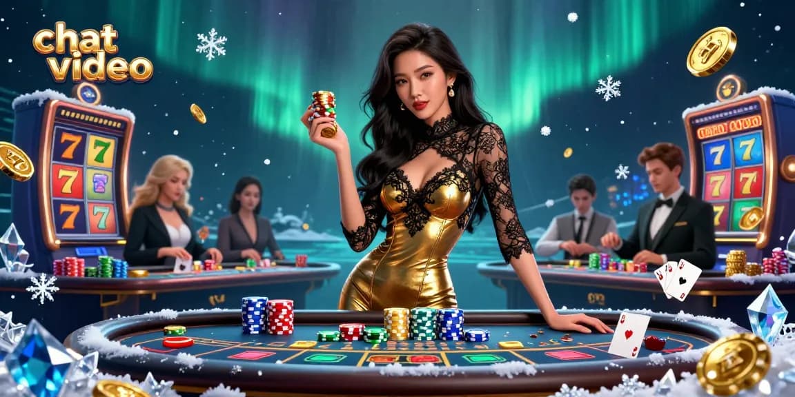 Engage in captivating chat video interactions with glamorous casino elements and vibrant gold motifs.