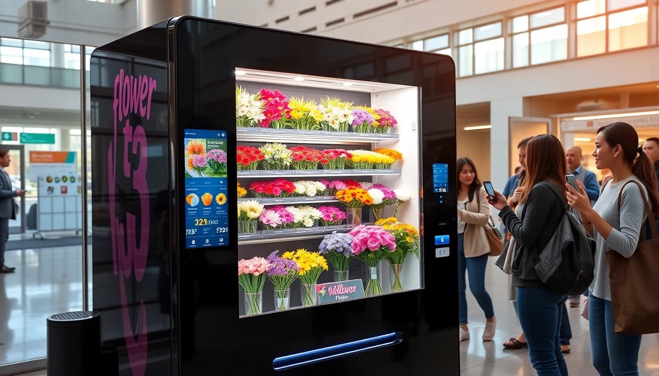 Fresh flower vending machine featuring a vibrant display of colorful blooms and modern touchscreen interface in a busy urban location.