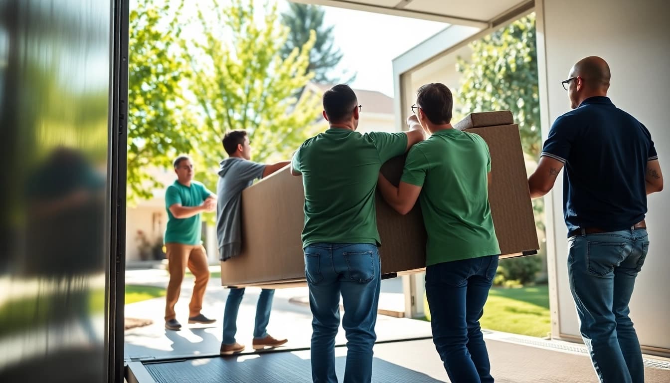 Calgary movers expertly lifting a couch into a moving truck during a residential move.