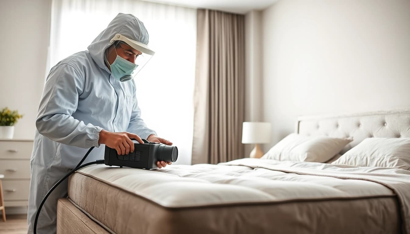 Bed bug exterminator demonstrating effective pest control in a bright, modern bedroom.