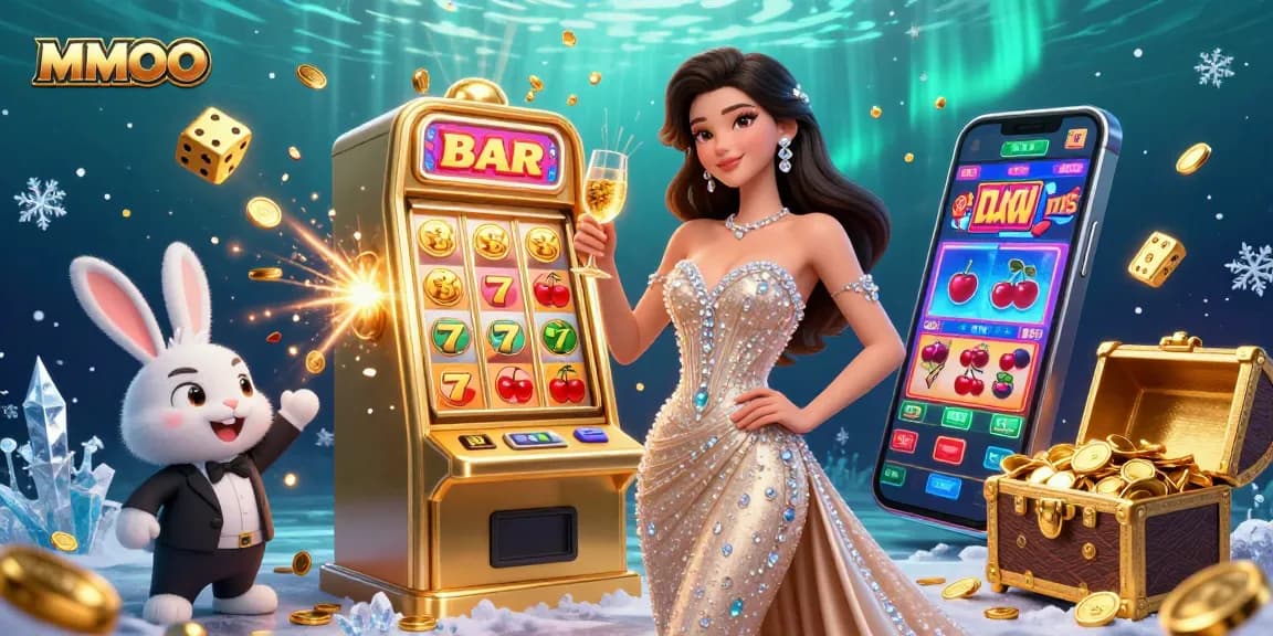 MMOO showcases a glamorous casino scene with a stunning woman toasting beside a jackpot slot machine.