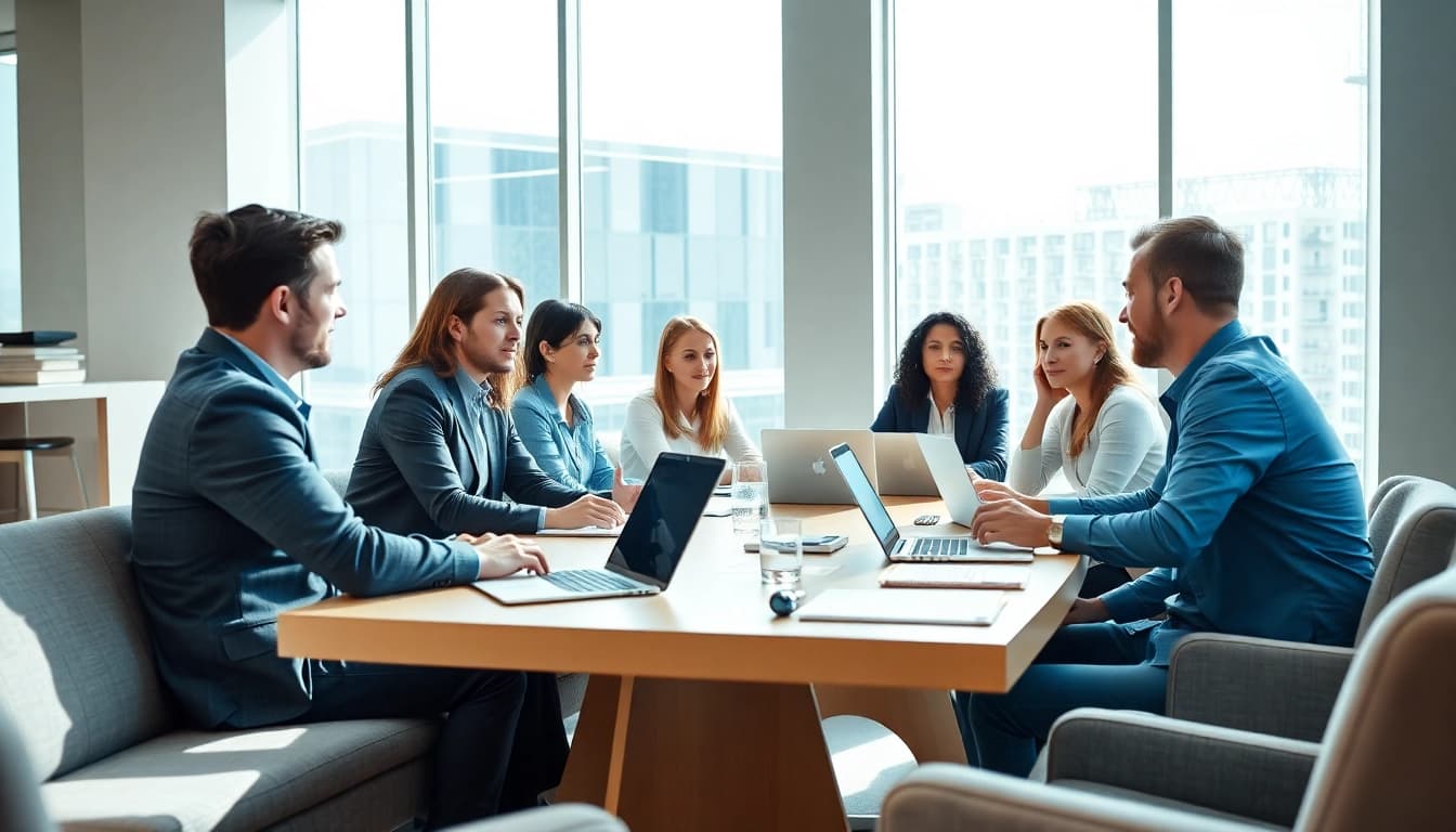 Engaging business discussion among diverse colleagues in a modern office setting.