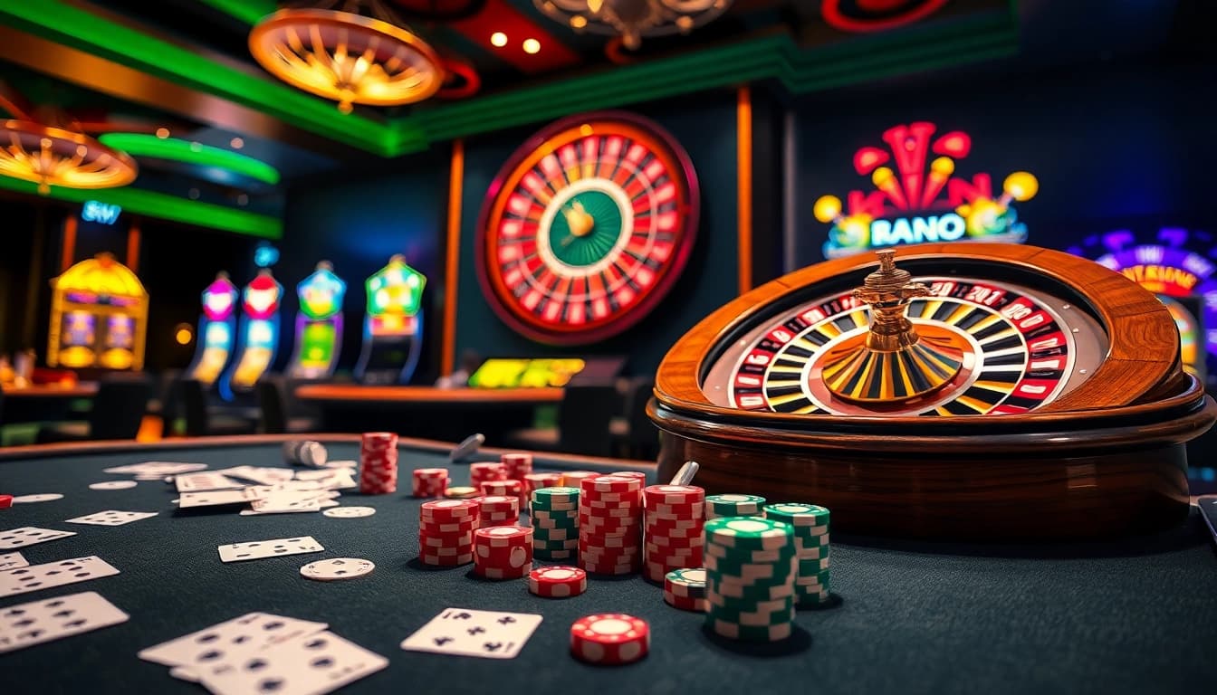 A bustling casino floor showcasing poker tables and roulette wheels, embodying the thrill of KJC AC 1.