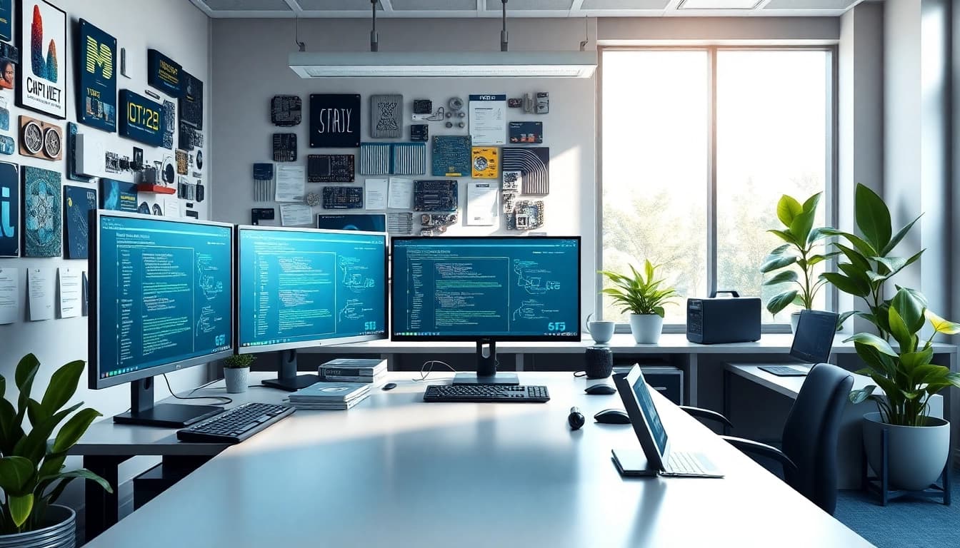 Explore how Technology enhances productivity in a modern office workspace with multiple screens.