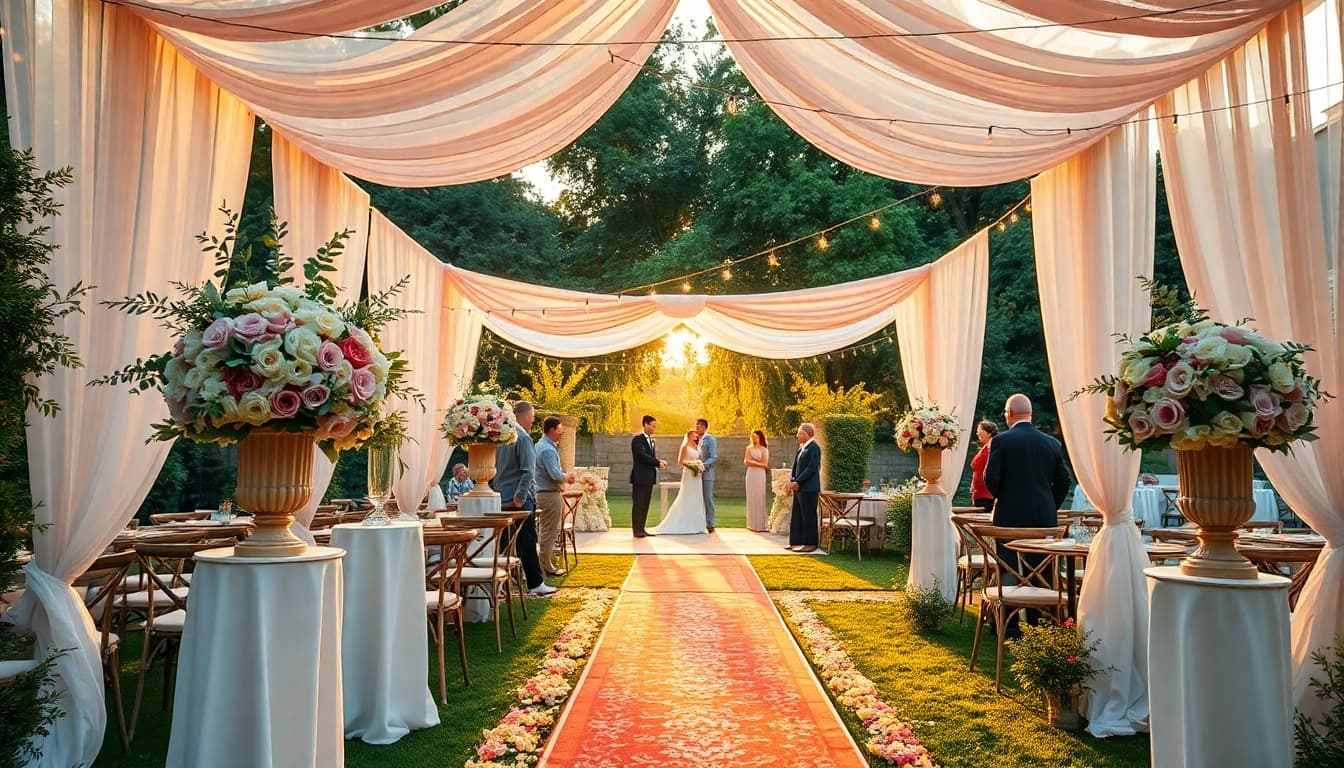 Stunning Weddings Venue featuring elegant decorations and a lush garden setting.