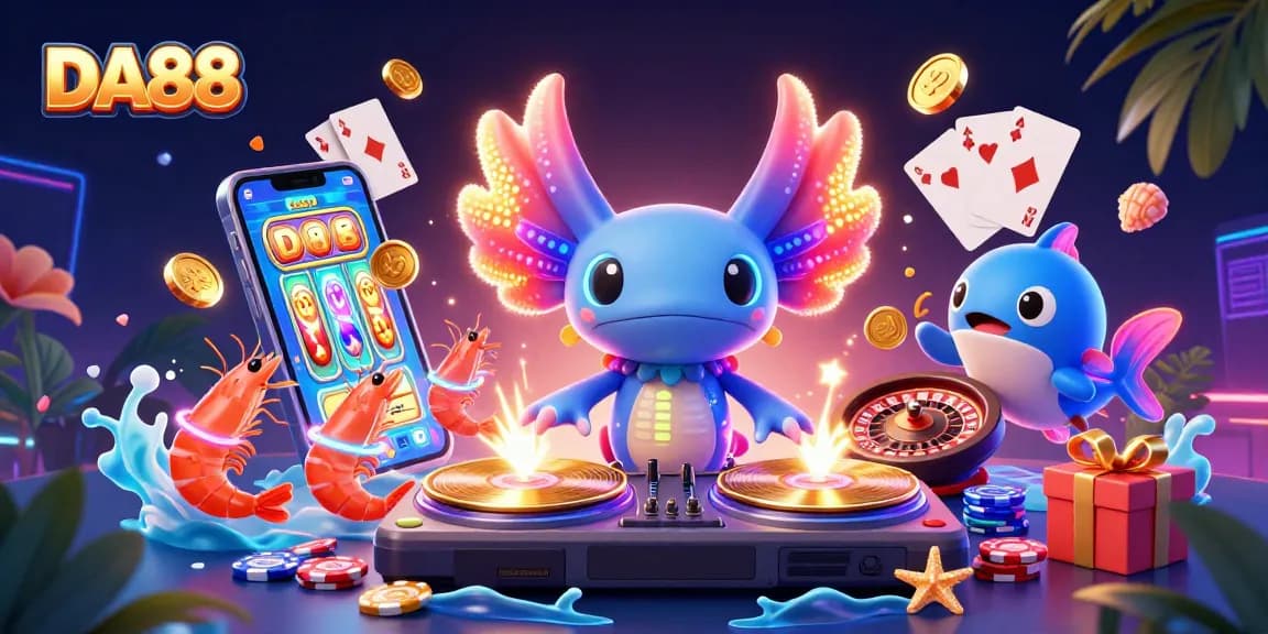 Engage in thrilling gameplay at DA88 with a vibrant DJ axolotl and dynamic casino elements.