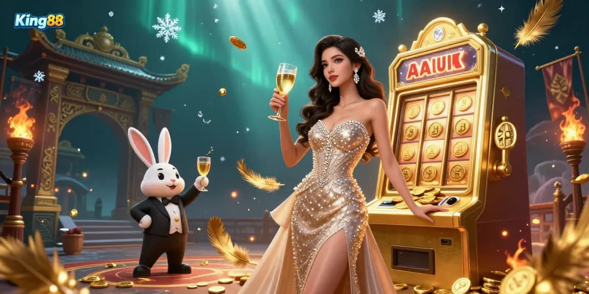 Experience the excitement at King88 with vibrant casino scenes blending jackpot slots and 3D characters.