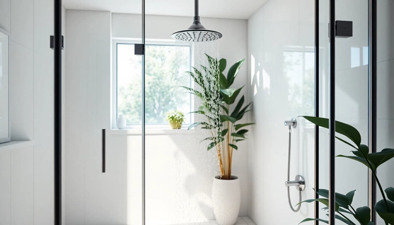 Experience elegant showers au with this luxurious modern shower design featuring lush greenery.