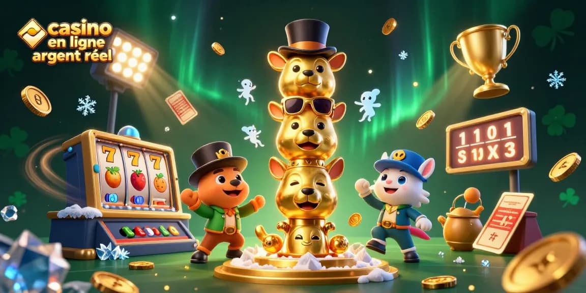 Découvrez le casino en ligne argent réel avec une illustration de totem doré et des éléments de jeu remplis d'énergie.