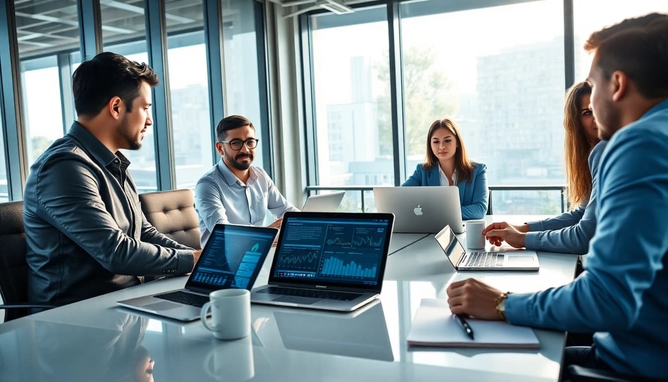Showcasing managed services team engaged in collaborative strategy discussions with technology tools and data.