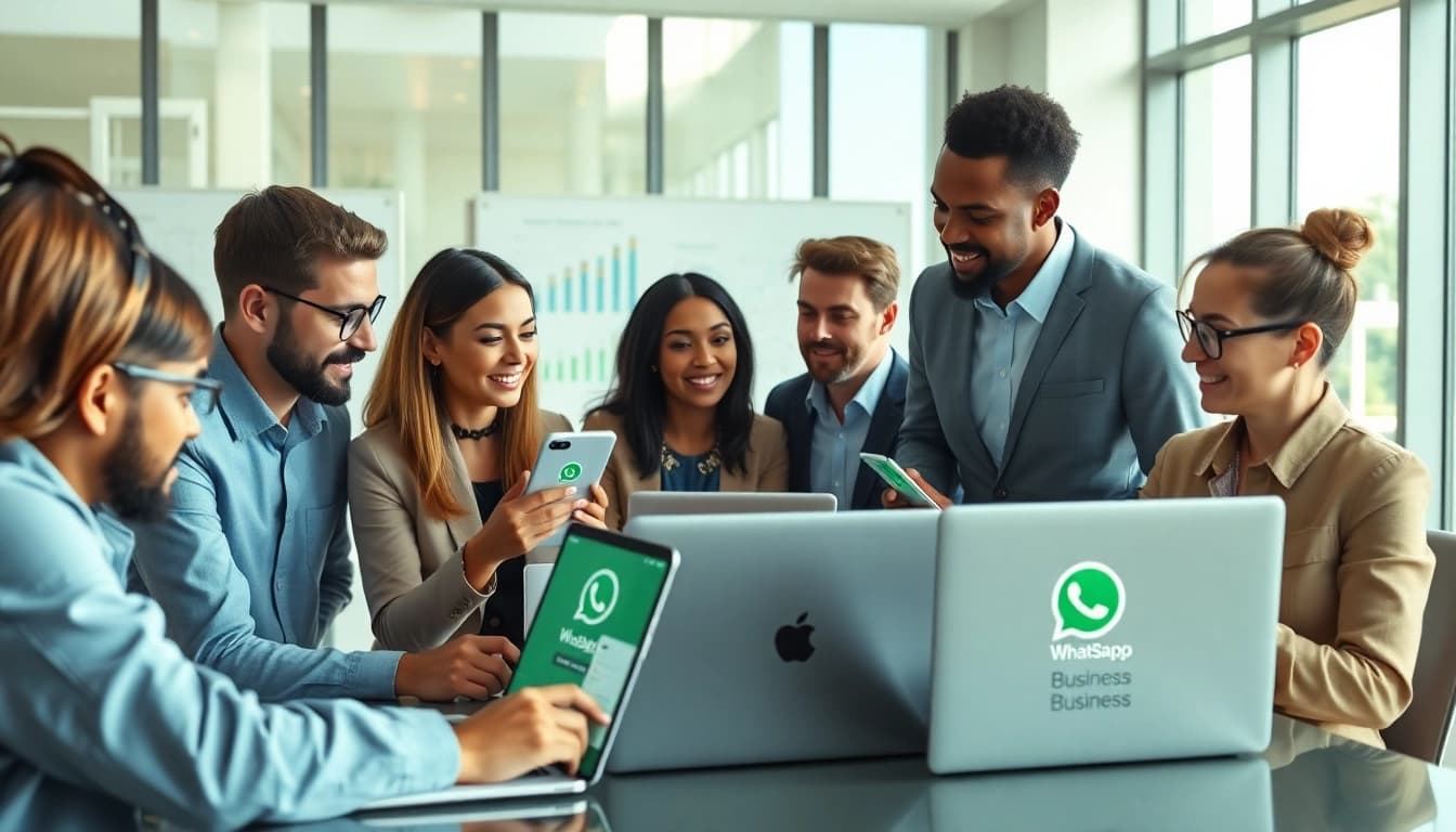 Showcasing WhatsApp Business CRM in a dynamic workplace setting with professionals collaborating.