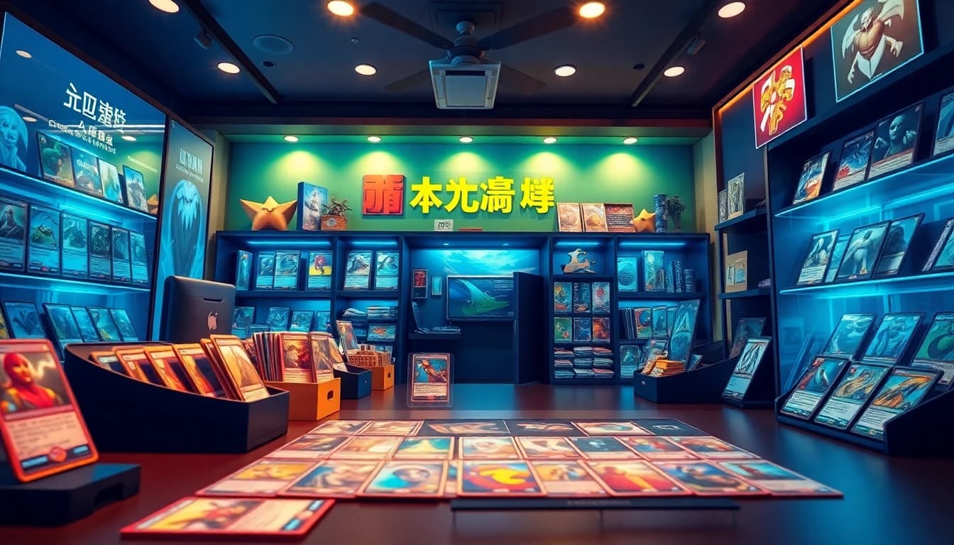 鮮やかなトレーディングカードが並ぶオンラインオリパのカードゲーム市場の興奮した場面。