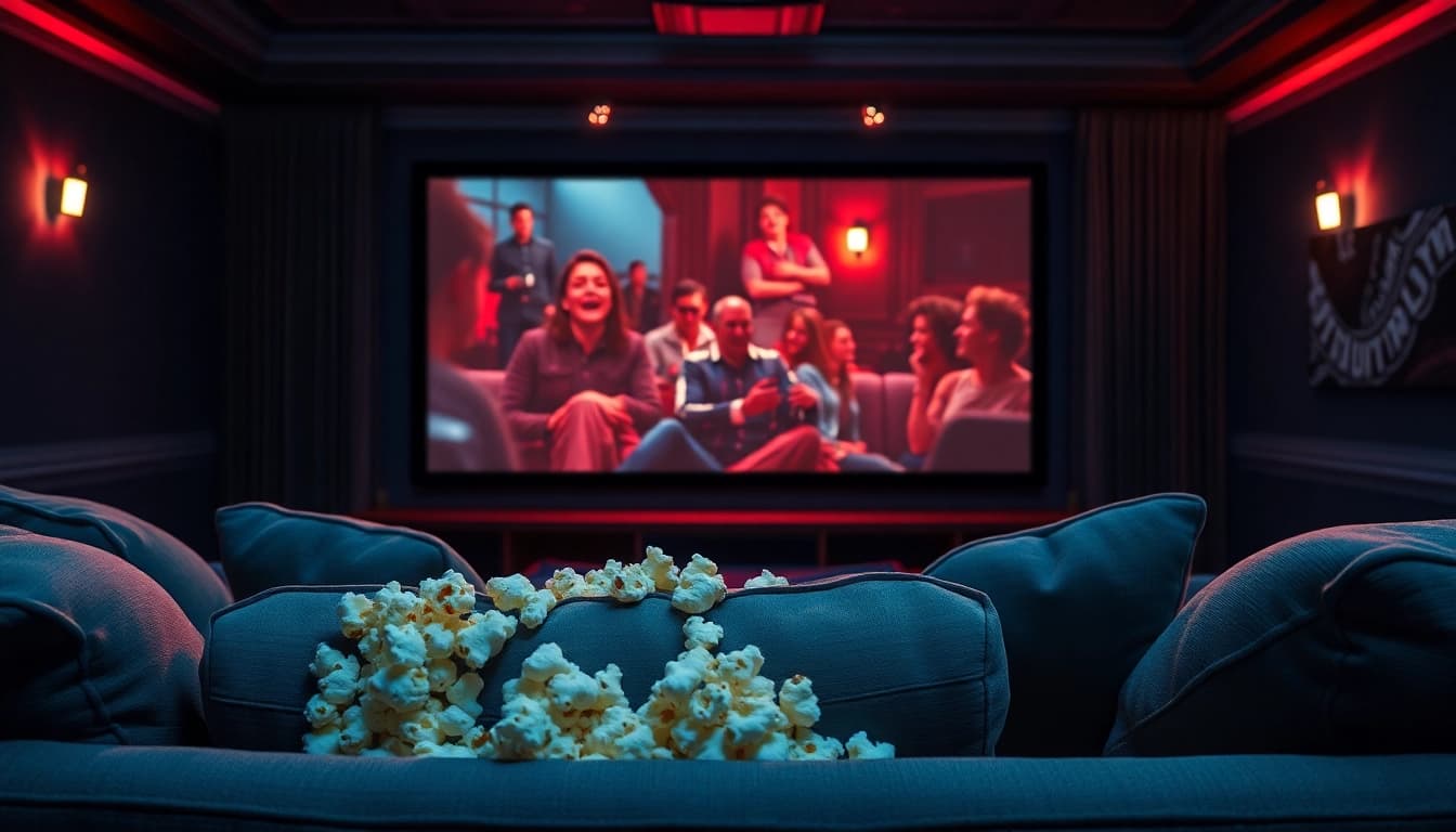 Enjoy ดูหนัง in a cozy home theater setting complete with popcorn and soft lighting.