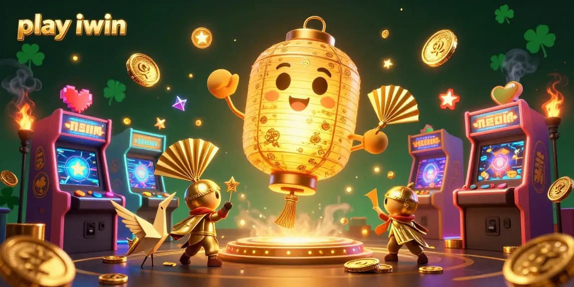 Play iwin in a vibrant, 3D casino-themed illustration featuring dynamic gaming elements and colorful characters.