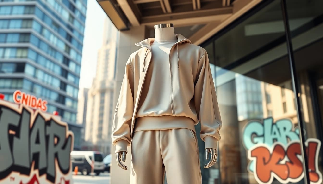 Essentials Tracksuit showcased in a trendy urban setting with stylish details and textures.