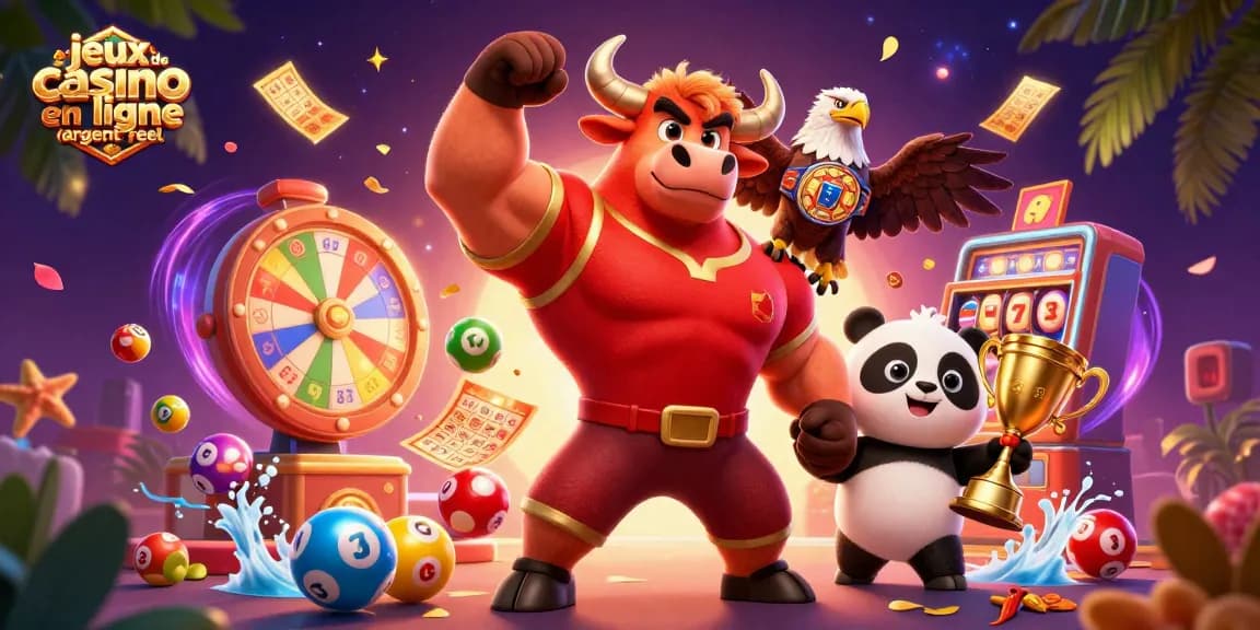 Découvrez les jeux de casino en ligne argent réel avec cette illustration captivante de personnages et d'éléments de loterie.