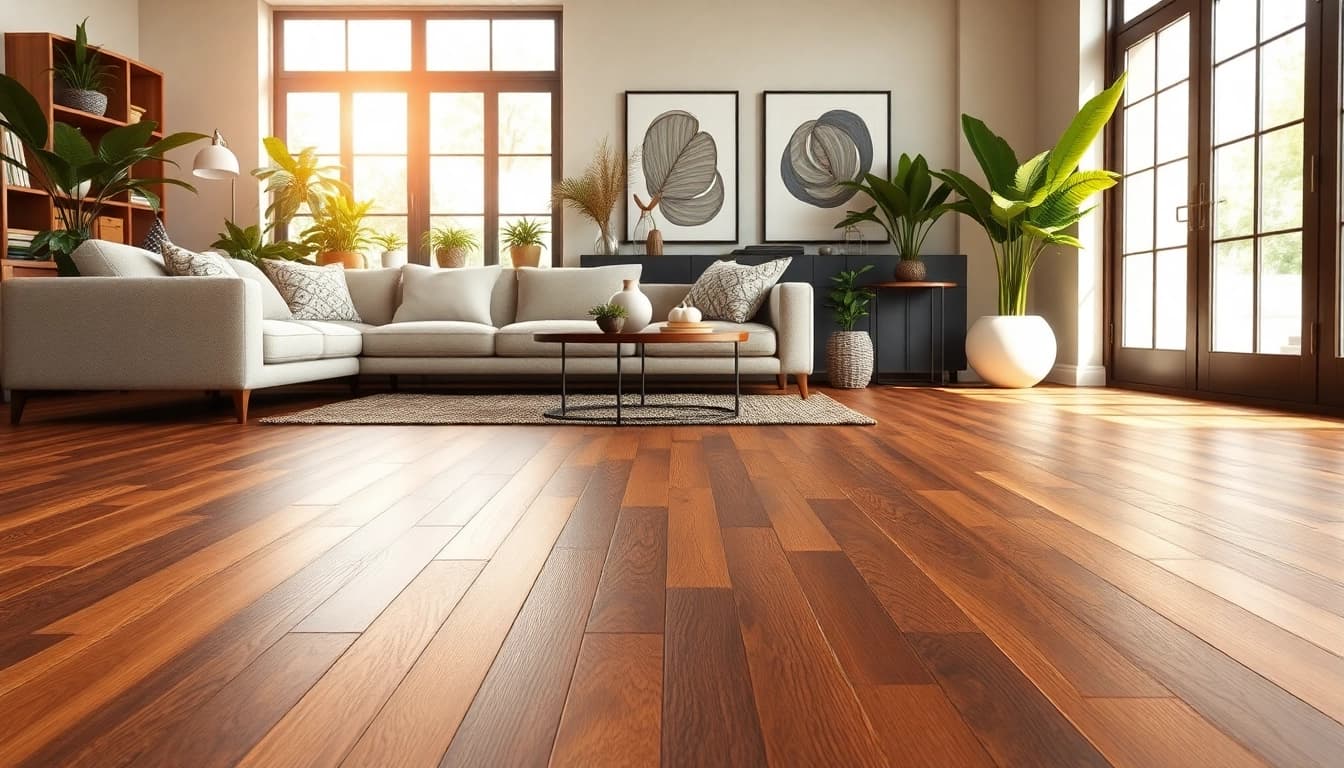 Showcasing vinyl flooring in a modern living room with stylish decor and natural light.