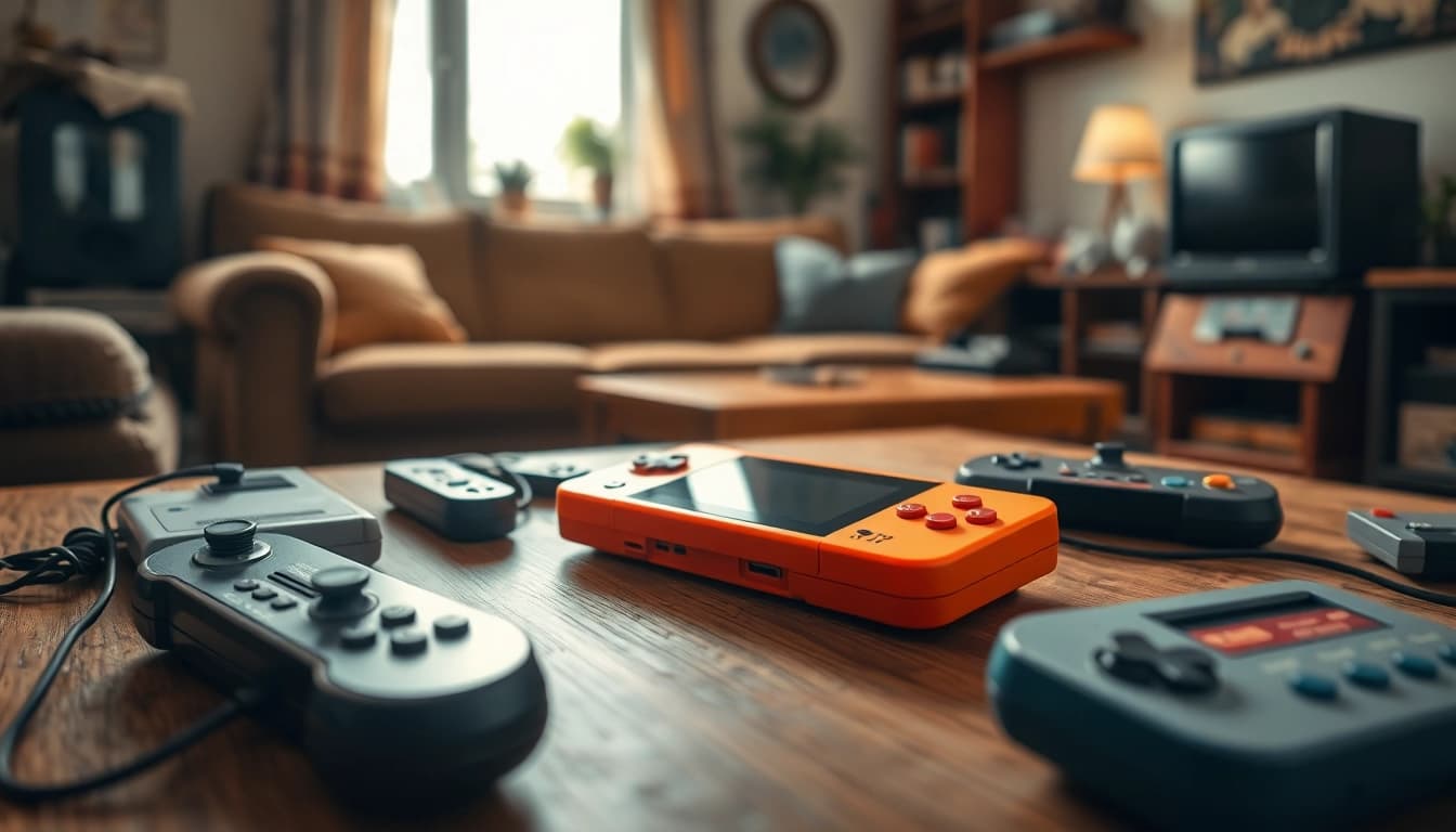 A retro game handheld set against nostalgic gaming memorabilia, showcasing a cozy atmosphere.