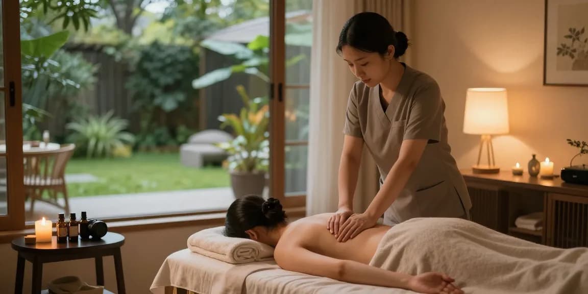 마사지 치료 중인 고객과 치료사 모습, 아늑한 마사지 스튜디오에서 편안한 분위기와 자연스러운 빛이 어우러짐