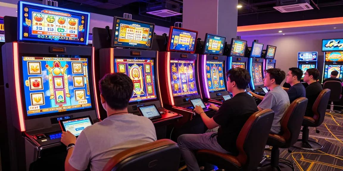 Players excitedly engaging with JPTOTO's vibrant online slot games, showcasing colorful graphics and a lively atmosphere.
