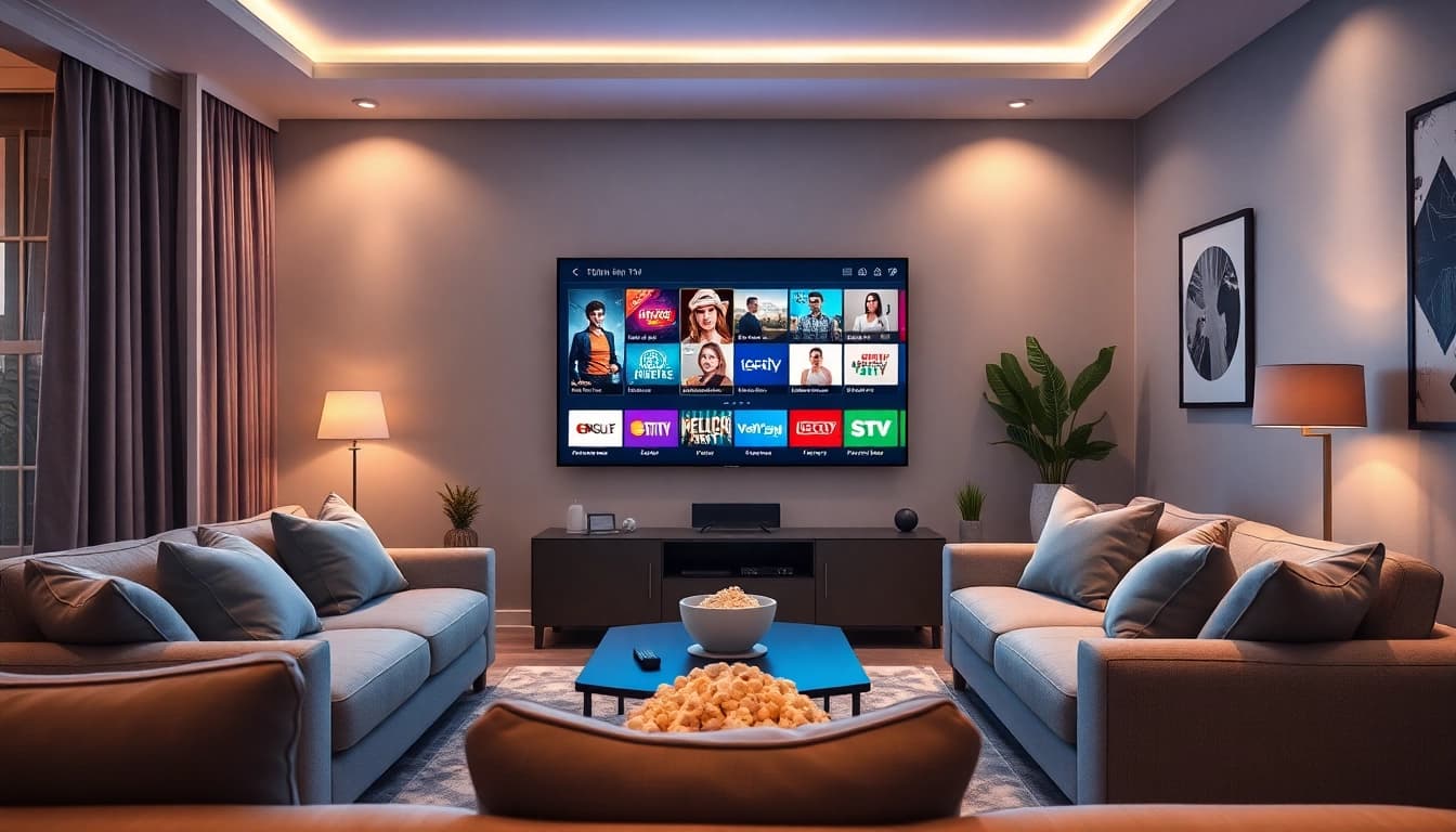 Experimente o IPTV de teste em uma sala de estar moderna com uma configuração de TV vibrante.